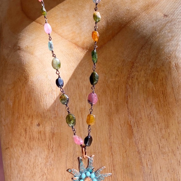 Genuine Multicolor Tourmaline Gemstone Turquoise Sun Necklace - Picture 2 of 8